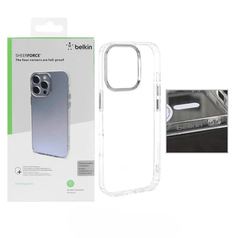 قاب گوشی iPhone 16 Pro آیفون اورجینال بلکین belkin طرح طلقی شیشه ای شفاف کرومی